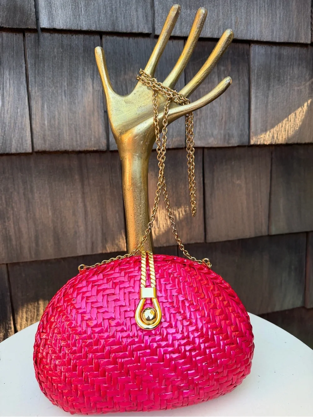 Vintage Vanessa neon pink fuchsia straw bag or clutch with chain strap